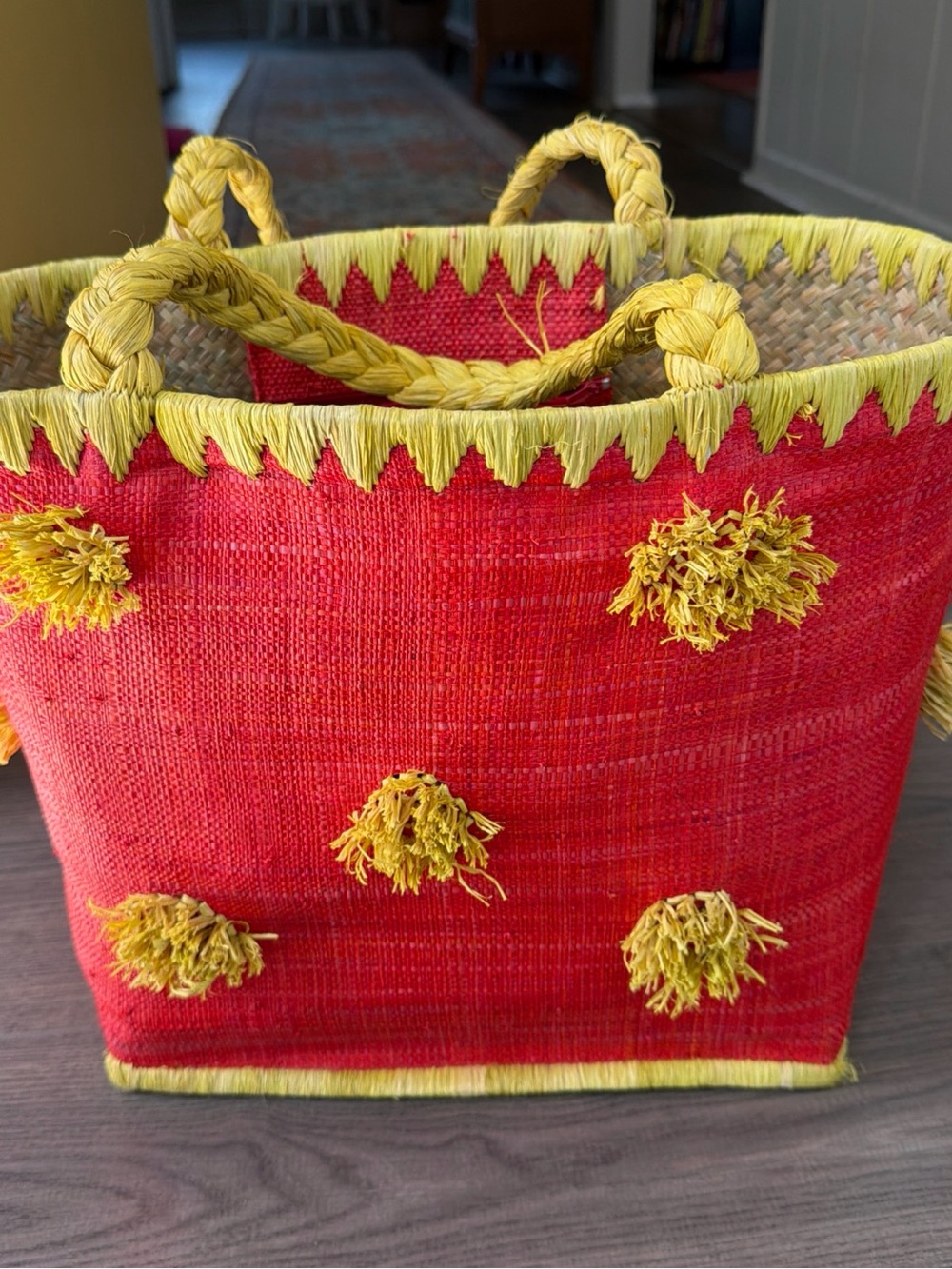 Vintage Savannah Straw Red and Yellow Pom-Pom Tote Bag - Stylish Beach Bag Flowe
